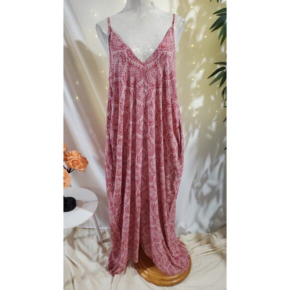 Elan Double V-Neck Boho Asymmetrical Maxi Dress Size S Floral Paisley Pockets - Picture 1 of 11